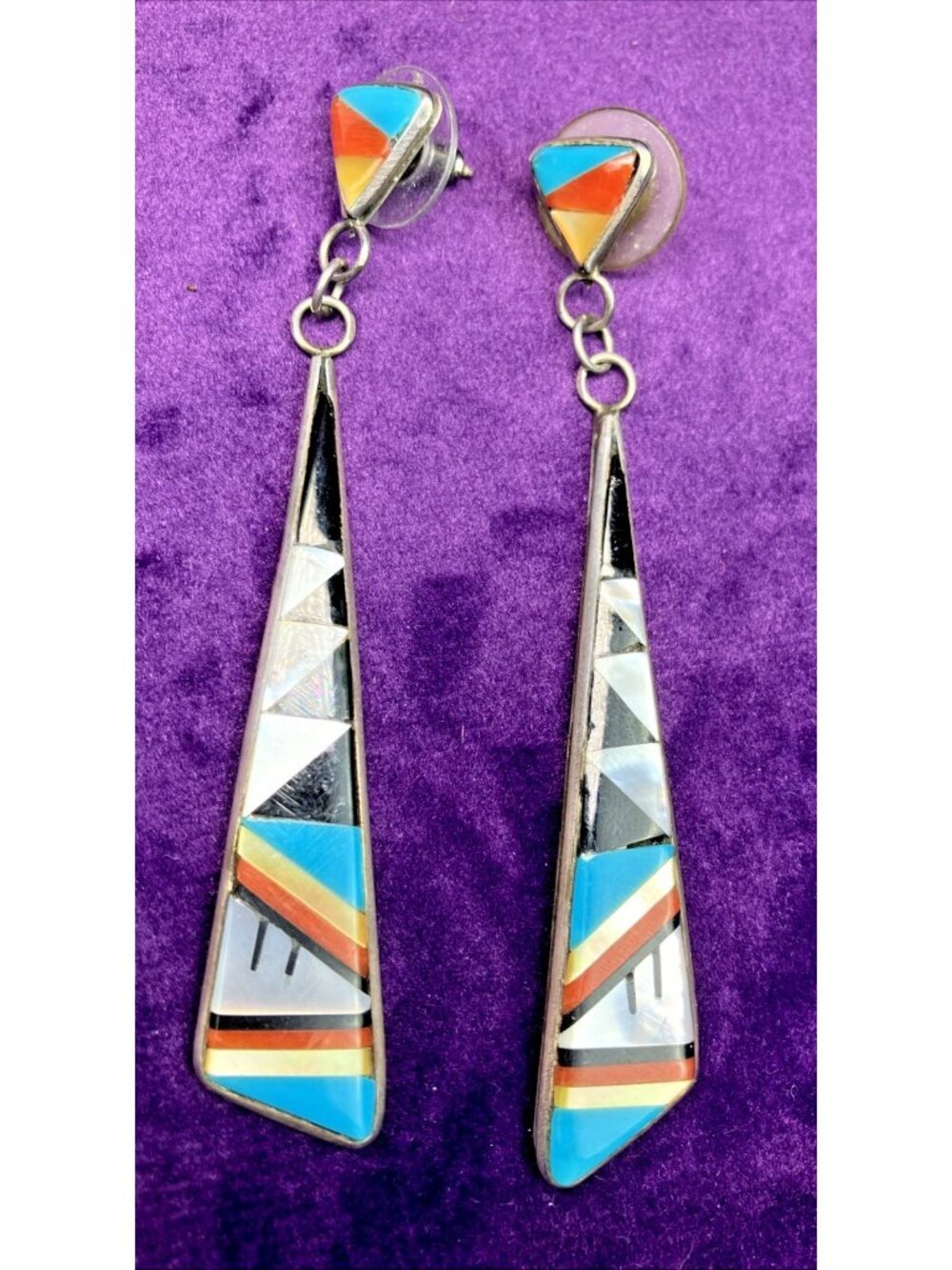 Zuni Inlaid Turquoise Angular Sterling 925 Silver Pendant Earrings